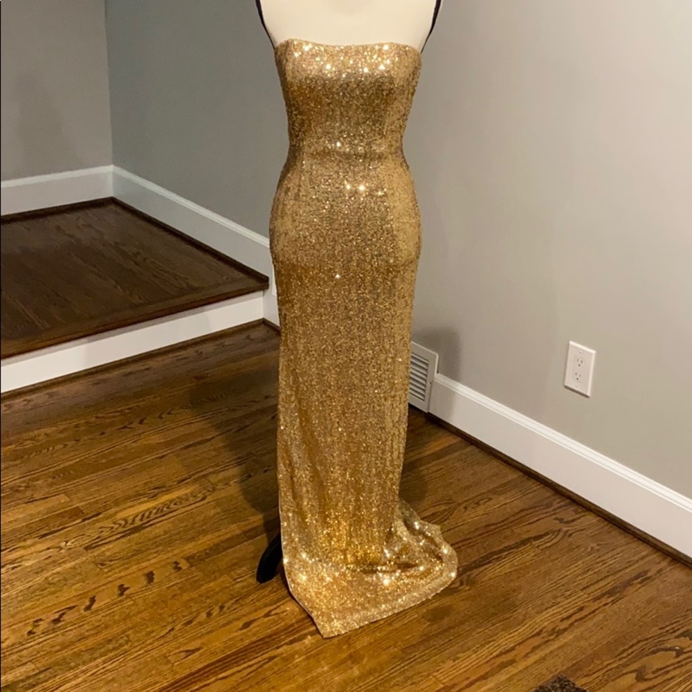 Strapless Gold Sequin Formal Gown with Slit